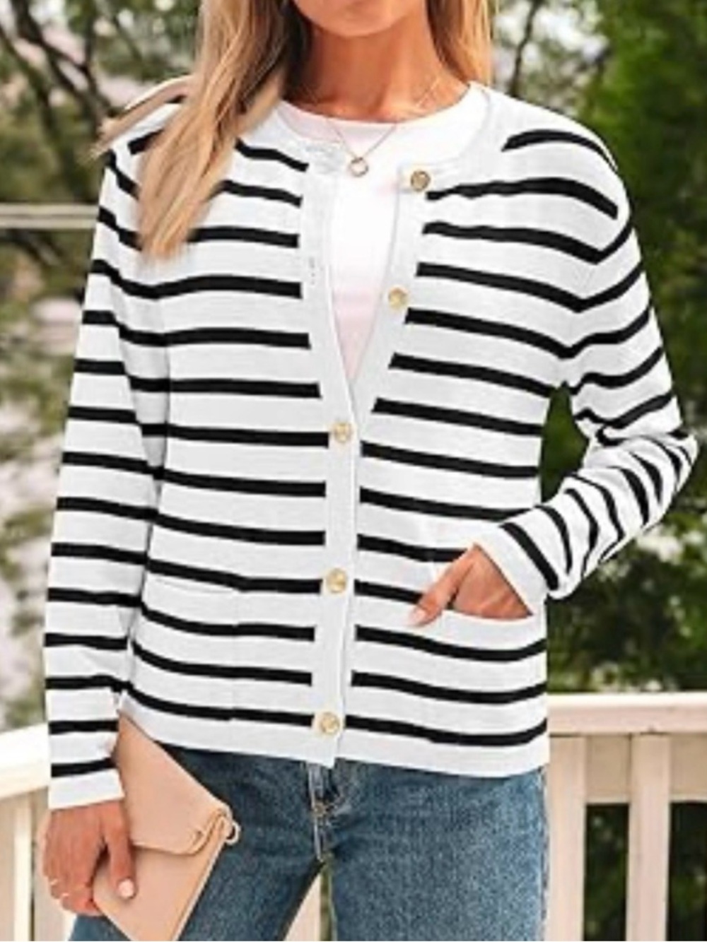 Lillusory Navy and White Striped Button-Front Cardigan